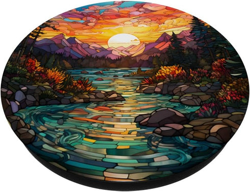 Sunset Stained Glass Mosaic Landscape Scene PopSockets Swappable PopGrip