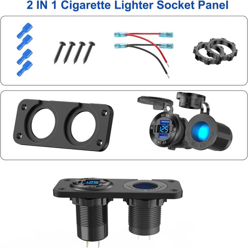 12V USB Outlet Marine Switch Panel Plug, PD3.0 Dual QC3.0 USB Ports Aluminum Car Charger with LED Voltmeter Power Switch