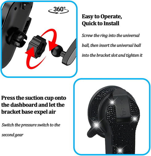 SWPHRT 360 Bling Car Phone Holder, Rotation Crystal Rhinestone Suction Cup Dashboard Mobile Phone Stand, Diamond