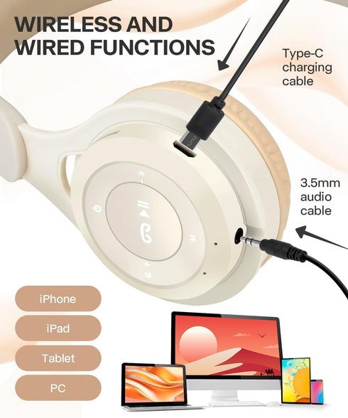 Kids Bluetooth Headphones, Over Ear Wireless 5.3 Headsets, Built-in Mic, Comfortable Wear & HD Sound for School Travel