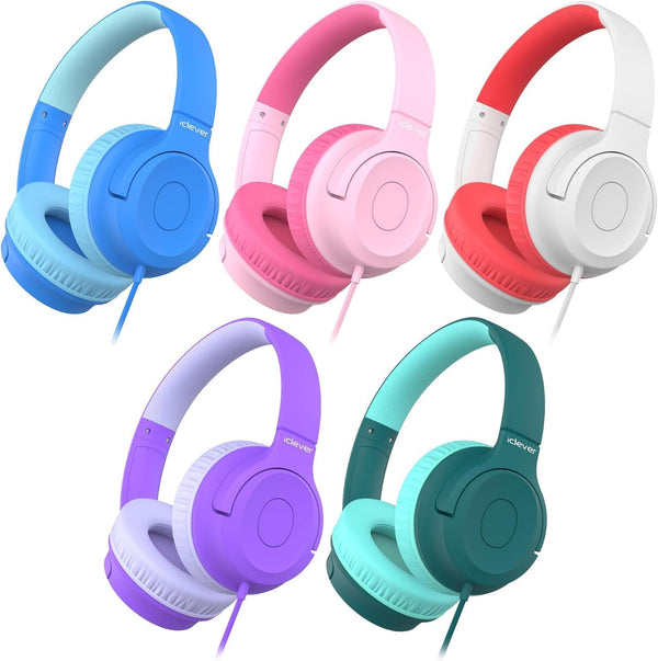 iClever Kids Headphones, 85dBA Safe Volume, Tangle Free, Swivel Foldable, 3.5mm Jack, Bulk 5 Pack for School/Classroom