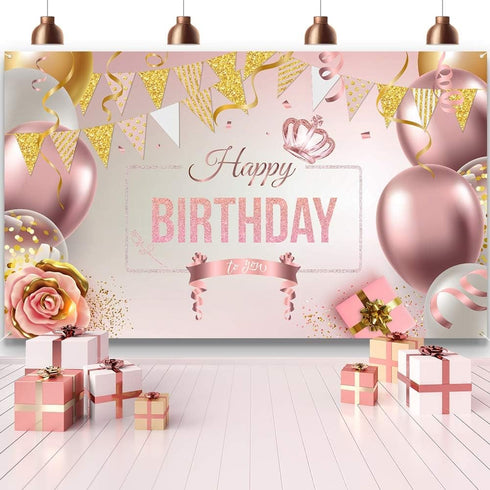 Large Rose Gold Balloons Birthday Decorations Banner Backdrop Theme Poster for Women Girls Party Supplies Decor