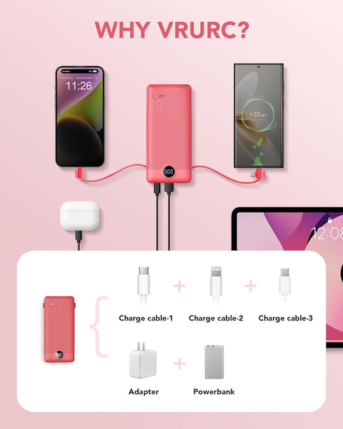 VRURC 10000mAh Portable Charger with Built-in Cables and AC Wall Plug, Compact Lightweight Power Bank for Smartphones,