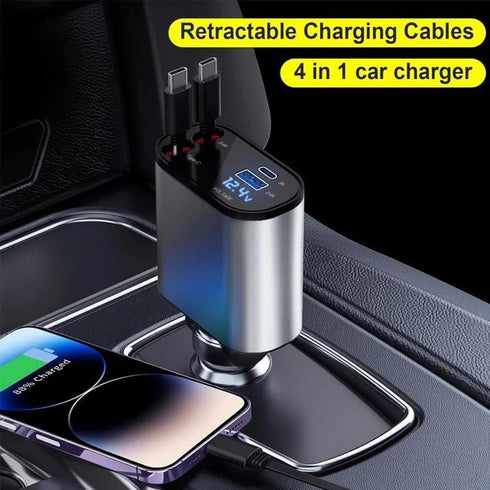 Super Premium Retractable Car Charger, 120W 4 in 1 Fast Charger for iPhone 15/14/13/12 with Retractable Cables