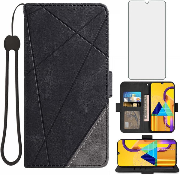 Asuwish Wallet Case for Samsung Galaxy M30s M21, Leather Flip Card Holder with Tempered Glass Screen Protector - Black