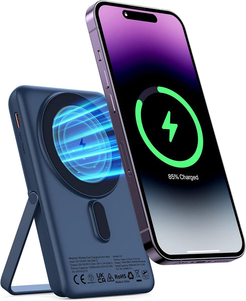 Wireless Portable Charger 10000mAh - Mag-Safe Compatible, 20W PD Fast Charging with Foldable Stand, Dark Blue