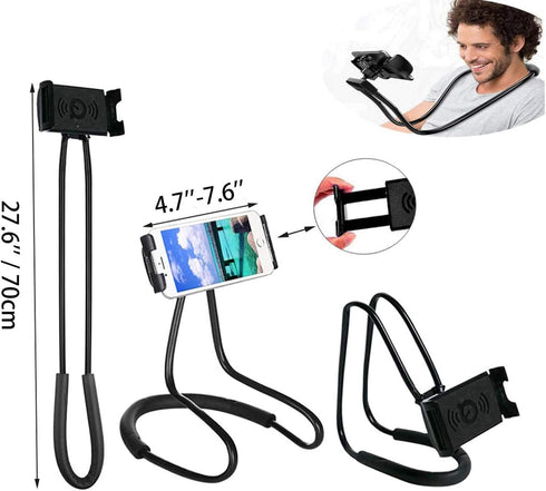 Cell Phone Stand Hanging on Neck Upgraded, Hands-Free Mobile Phone Holder Clip on Bed/Table 360° Rotation iPhone Tablet Mount Bracket, 27.6''/70 cm Length for 4.7''-7.6'' Screen