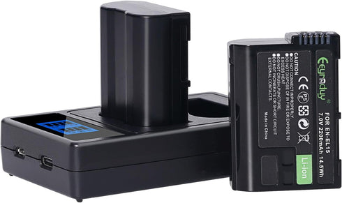 EN-EL15 2-Pack Batteries and Charger Set for Nikon Z6 z6ii Z7 z7ii Z8 D750 D850 D7000 D7500 D7100 D7200 D500 D600 D610