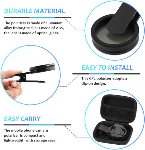 Loyanger 52mm Polari/zed Camera Lens Phone Universal CPL Filter Clip Kit, Portable Phone Polarizing Lens Filter