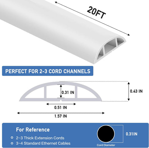 Self Adhesive Floor Cord Cover for Power Cord Management, 20Ft, 0.51" W x 0.31" H (White)