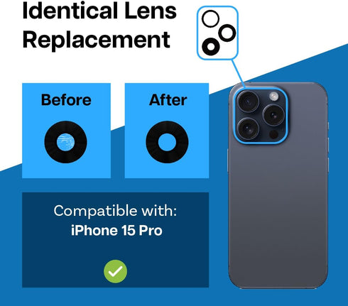MMOBIEL Back Rear Camera Glass Lens Replacement for iPhone 15 Pro - Includes Double-Sided Adhesive, Tweezer, Cloth