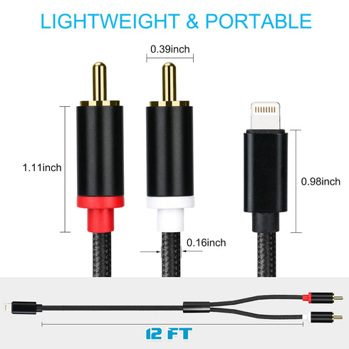 12FT Lightning to RCA Cable Audio Aux Adapter, Stereo Y Splitter for iPhone/iPad, Power Amplifier, Car, Home Theater,