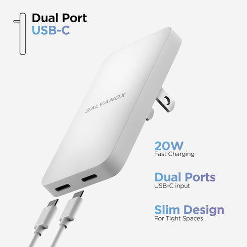 Galvanox Dual USB-C Flat Wall Charger - Fast Charging Ultra Slim Outlet Plug, Multi Port Type C for iPhone 13, 14, 15