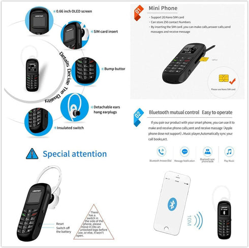 Mini L8star BM70 Bluetooth Handset, Unlocked Cell Phone Dialer, 0.66 inch, Black, Supports SIM Card