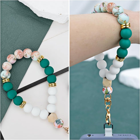 VICHUNHO Marble Silicone Beaded Phone Wrist Strap, Cellphone Lanyard with Tether Tab, Elastic Hands-Free Wristlet