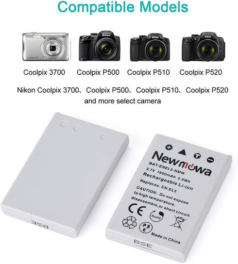 Newmowa EN-EL5 Replacement Battery (2-Pack) and Charger Kit for Nikon EN-EL5, Compatible with Coolpix P530, P520 & More