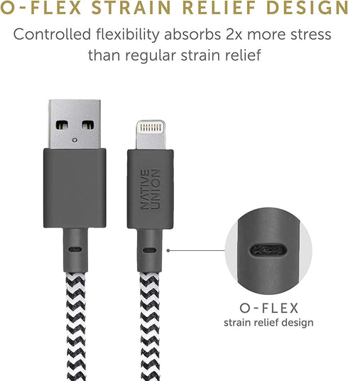 Native Union Night Cable - 10ft Ultra-Strong Reinforced Lightning to USB-A Charging Cable, Zebra