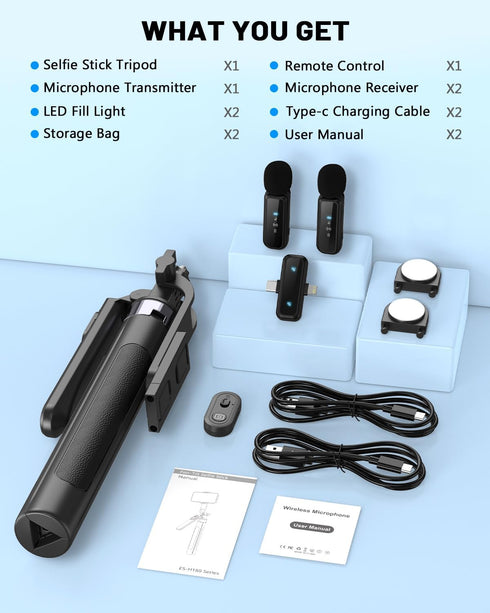 Yeaki 71" Vlogging Kit for iPhone/Android, Selfie Stick Tripod for iPhone with Light, Wireless Remote & Microphone