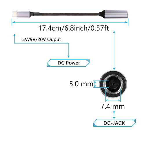 SinLoon PD 100W DC 7.4mm x 5.0mm Female(7.4 x 0.6mm) Input to USB Type C Male Power Charging Cable, 100W DC7450 to Type C Cable with PD Automatic Identification Chip,for Phones,Tablets,Laptops(Blue)