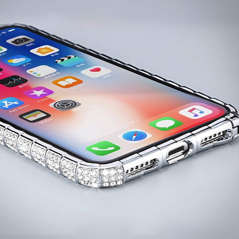 Fusicase for iPhone XR Diamond Case - Glitter Sticker Bling Rhinestone Crystal Metal Bumper Frame, Silver