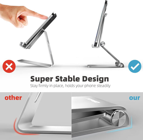 Adjustable Cell Phone Stand Holder, Fully Foldable Thick Aluminum Cradle for Desktop (Silver)