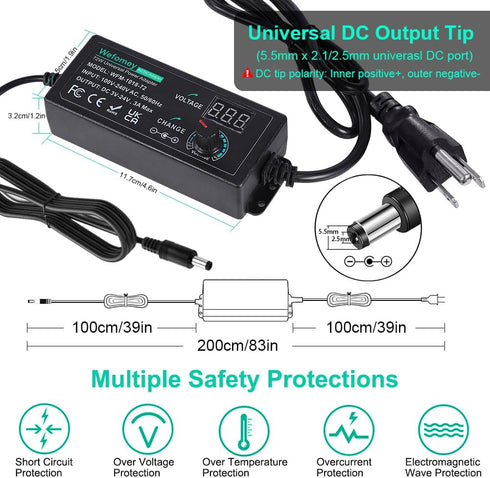 Universal Power Supply 3V~24V 3A 72W Adjustable AC/DC Adapter Charger, 100V-240V AC to DC Converter with 14 Tips