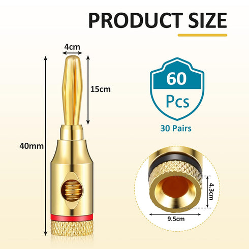 60 Pcs Banana Plugs Gold Plated Speaker Banana Plugs 30 Pairs/ 60 pcs Banana Adapter Connector for Speaker Wire, Wall Plate, Home Theater, Audio/Video Receiver, Amplifiers and Sound Systems