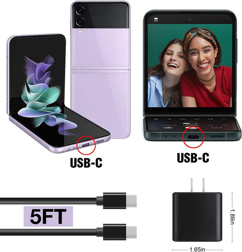 18W USB C PD Fast Wall Charger for Samsung Galaxy Z Flip 5, Z Flip 4, Z Flip 3, Z Fold 5, 4, 3, 2 + 5FT Type C Cable.
