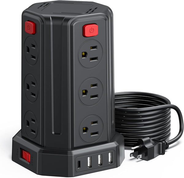 SMALLRT Power Tower Desktop Charging Station, 10 Ft Power Strip Surge Protector with 12 AC Outlets & 4 USB (1 USB C),