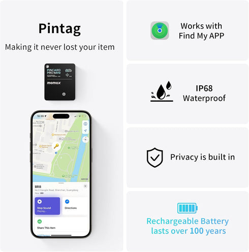 Momax Bluetooth Tracker, Rechargeable Key Finder, IP68 Waterproof, Smart Tracking Tag for Keys, Bags, Luggage, Mini