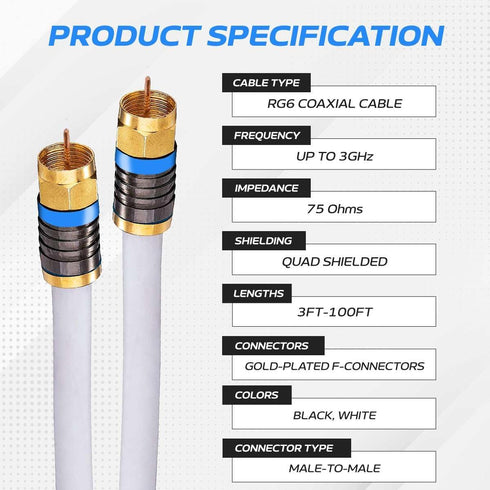 Cables Direct Online 20ft White Quad Shield RG6 Coaxial Cable - F Pin and BNC Extension Wire for Satellite Dish, Cable