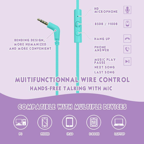 Headphone Kids Volume Limited 85/96dB, Wired Over-Ear/On-Ear Foldable Headset with Inline Cable Aux 3.5mm Cord Mic for