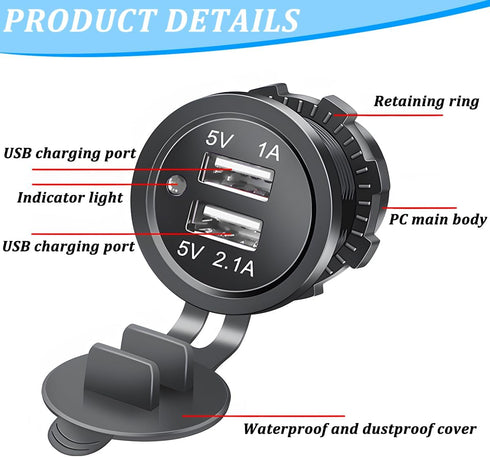 HZEL 2 12V/24V Car USB Outlet Wire Charger, Port Vehicle USB Charger Socket Mount with Wire, Automotive Interior Power