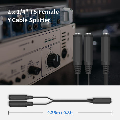 Duttek Y Cable, 6.35mm Mono TS Female to 2x6.35mm Mono TS Female Splitter, 20cm/8inch (635F-2FMTS)