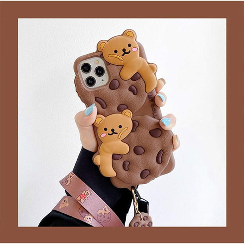 Yatchen iPhone 12 Pro Max Case, Bear Cookie Silicone Protective Case with Strap Lanyard, Cartoon Kawaii 3D Phone Cover for Women Girls