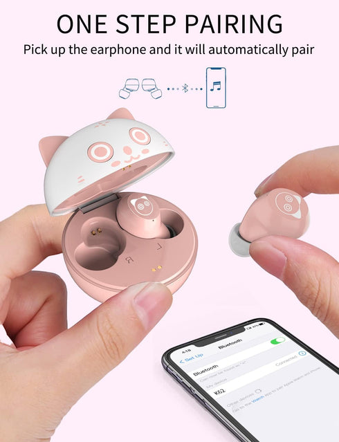 Kids Wireless Earbuds TWS Bluetooth 5.3 Headphones with Touch Control, Pink Kitty Wireless Charging Case, IPX5