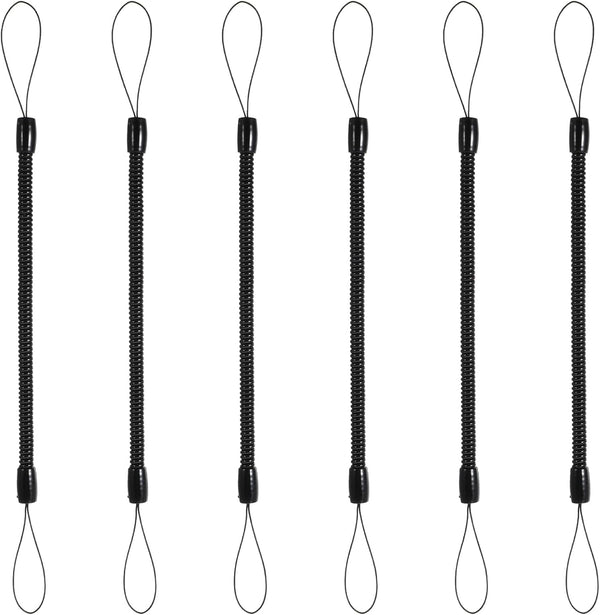 6PCS Black Retractable Spring Coil Strap Pen Leash, Plastic Elastic Pencil Chain Tether Lanyard for Touchscreen Pens
