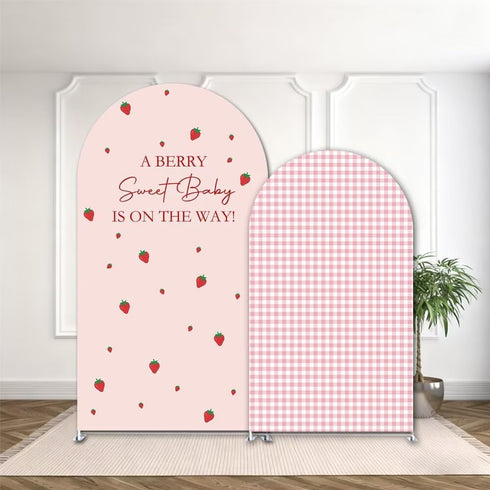 agogos 2 Covers,Set 2(6FT/5FT) Pcs A Berry Sweet Baby is ON The Way Arch Backdrop of Pink Plaids Strawberry Theme Arch