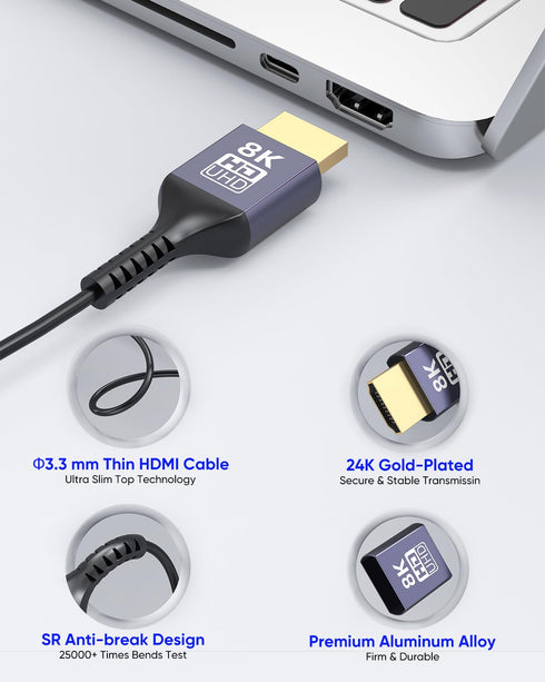 8K 2FT 5-Pack, 2 48Gbps 8K@60Hz, 4K@60Hz, 2K, 1080P, Ultra Thin HDMI Cable Short HDMI Cable Foot Flexible Slim HDMI
