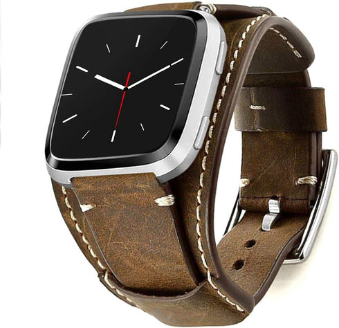 Compatible with Fitbit Versa 2 Bands, Genuine Leather Cuff Bracelet Replacement Strap for Men Women (Coffee)