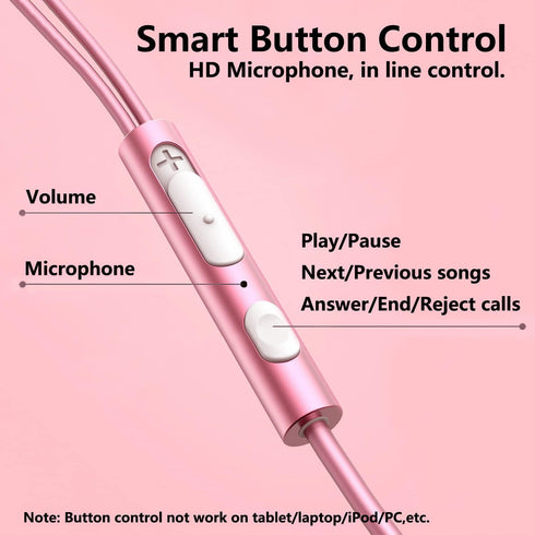 Rose Gold Earbuds: Girls Pink Wired Earphones with Mic & Volume Control, 3.5mm for Smartphones, MP3, Tablet, Laptop.