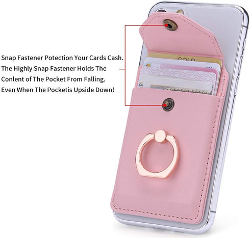 Cell Phone Card Holder RFID Ring Stand Stick on Wallet for Back of Phone, iPhone, Android, All Smartphones - Pink
