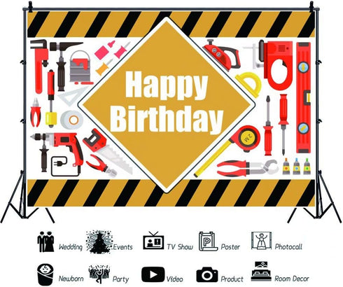 Construction Tools Theme Happy Birthday Backdrop, 7x5ft Vinyl for Boys Birthday Party Decor, Yellow and Black Stripes
