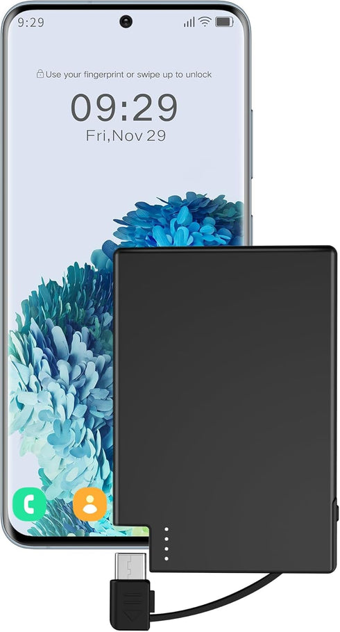 TNTOR Ultra Thin Power Bank with Built in USB-C Cable, Slim 5000mAh Portable Charger for iPhone 15 Samsung