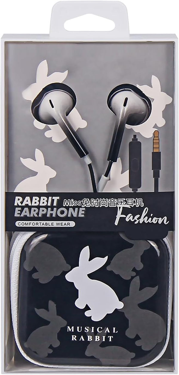 QearFun Bunny Earbuds for Kids | Kawakii Wired Earbud & in-Ear Headphones Gift with Microphone and Storage Case (Black)