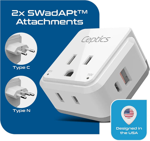 Ceptics Brazil Power Plug Adapter Travel Set - 20W PD & QC, Safe Dual USB & USB-C, Compact & Powerful