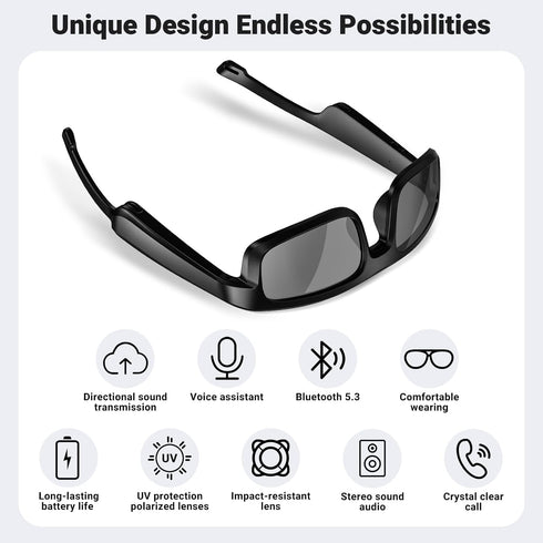 Smart Glasses, Polarized Bluetooth Sunglasses with Built-in Mic & Speakers, Voice Assistant, UV Protection
