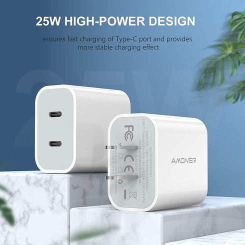 Amoner USB C Charger, 2Pack Type C Fast Charger, Dual Port 25W PD Wall Charger for iPhone and Galaxy Devices