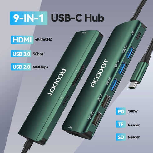 USB C Hub, Acodot 9 in 1 USB C to 4K@60HZ HDMI Multiport Adapter, Designed for MacBook Pro, Air, HP XPS