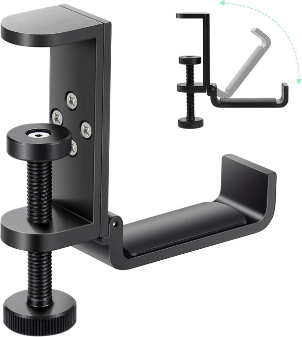 All Aluminum Foldable Headphone Holder for Desk, Universal Headphone Stand, Backpack Hook, Under Desk Clamp Hook (Black)